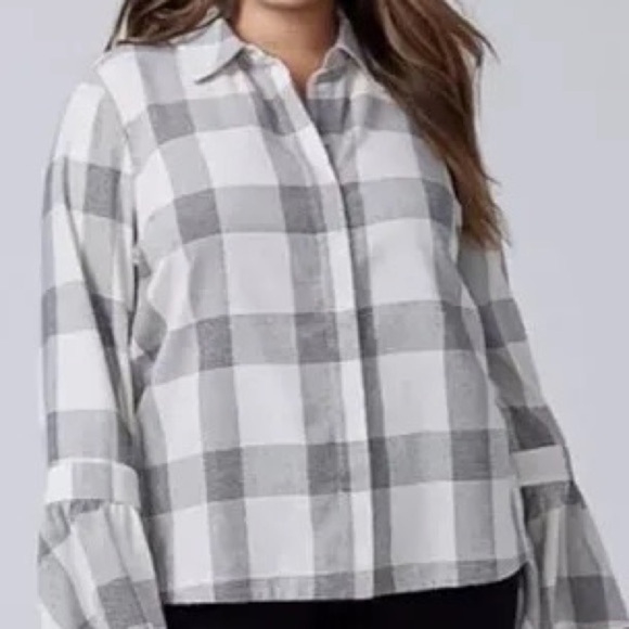 2/$35 Lane Bryant Plaid Bell Ruffle Sleeve Blouse Tunic - Picture 1 of 13